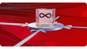 A visual representation of devops in the form of a pink cube with four arrows pointing towards the cube.