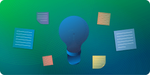 A stylized visualization of a lightbulb in hues of blue. The bulb is surrounded by stylized visualizations of documents and notes.