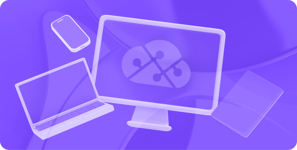 Stylized visualizations of a smartphone, laptop, computer monitor, and tablet are spread across an abstract purple background.