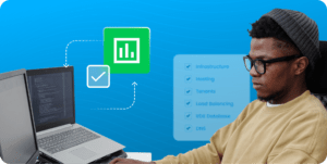 A developer looks intently at his computer monitor while working. A laptop is open nearby, displaying code. The background features a checklist of tasks to be completed.